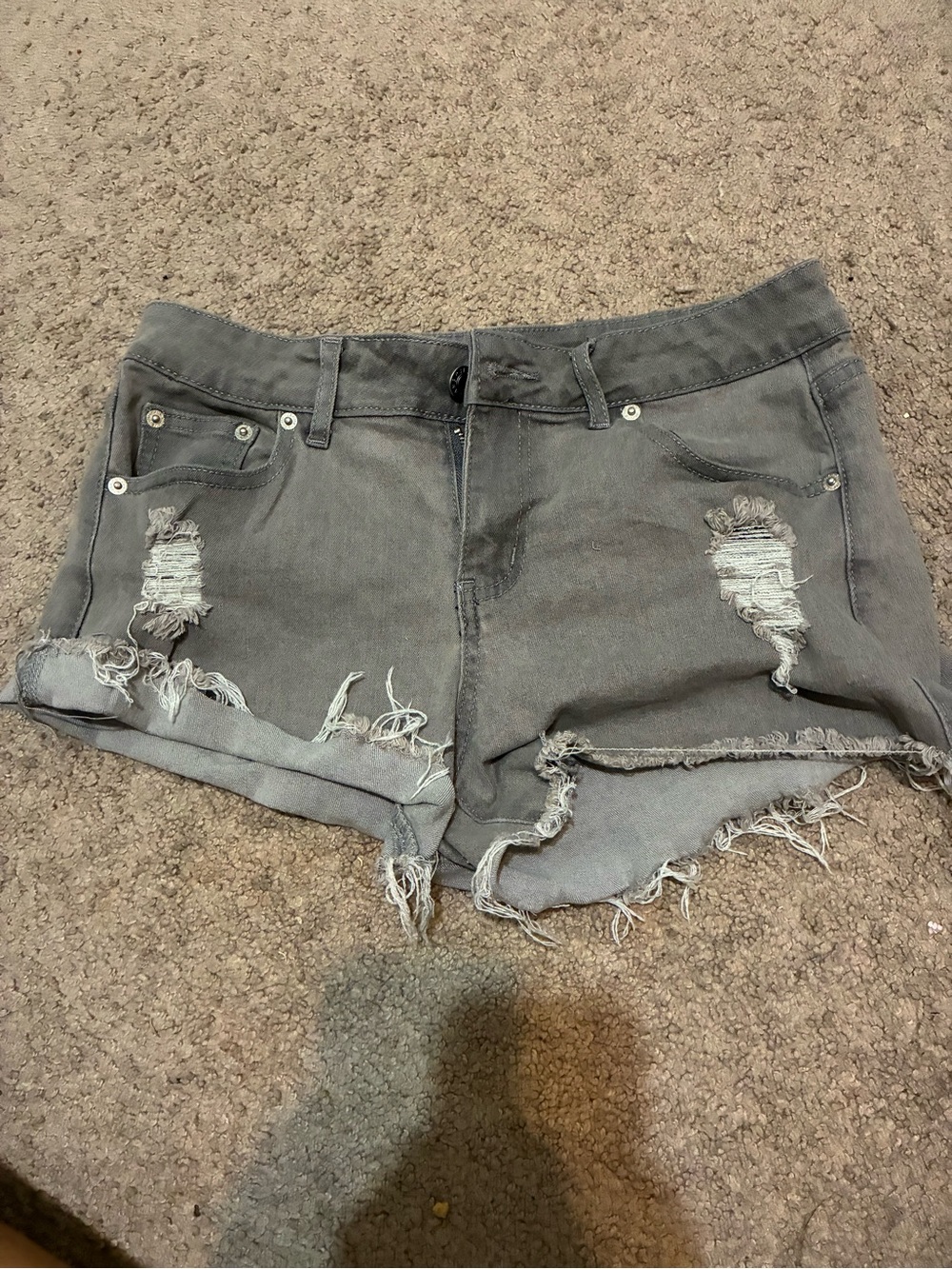 Blue Asphalt Distressed Gray Jean Shorts with Frayed Hem